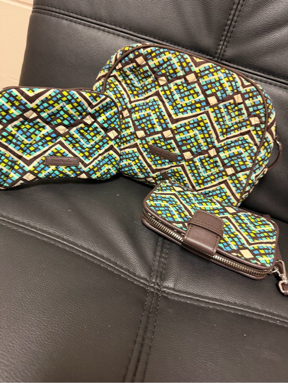 Vera Bradley Blue, Turquoise & Brown Geometric Cosmetic Trio